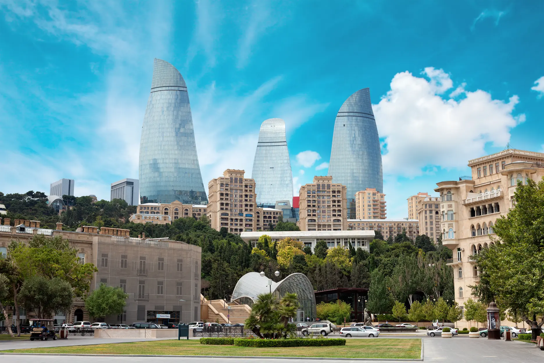 Fairmont Baku Flame Towers Rising Flame Towers in Baku on a beautiful day, visible from all parts of the city.