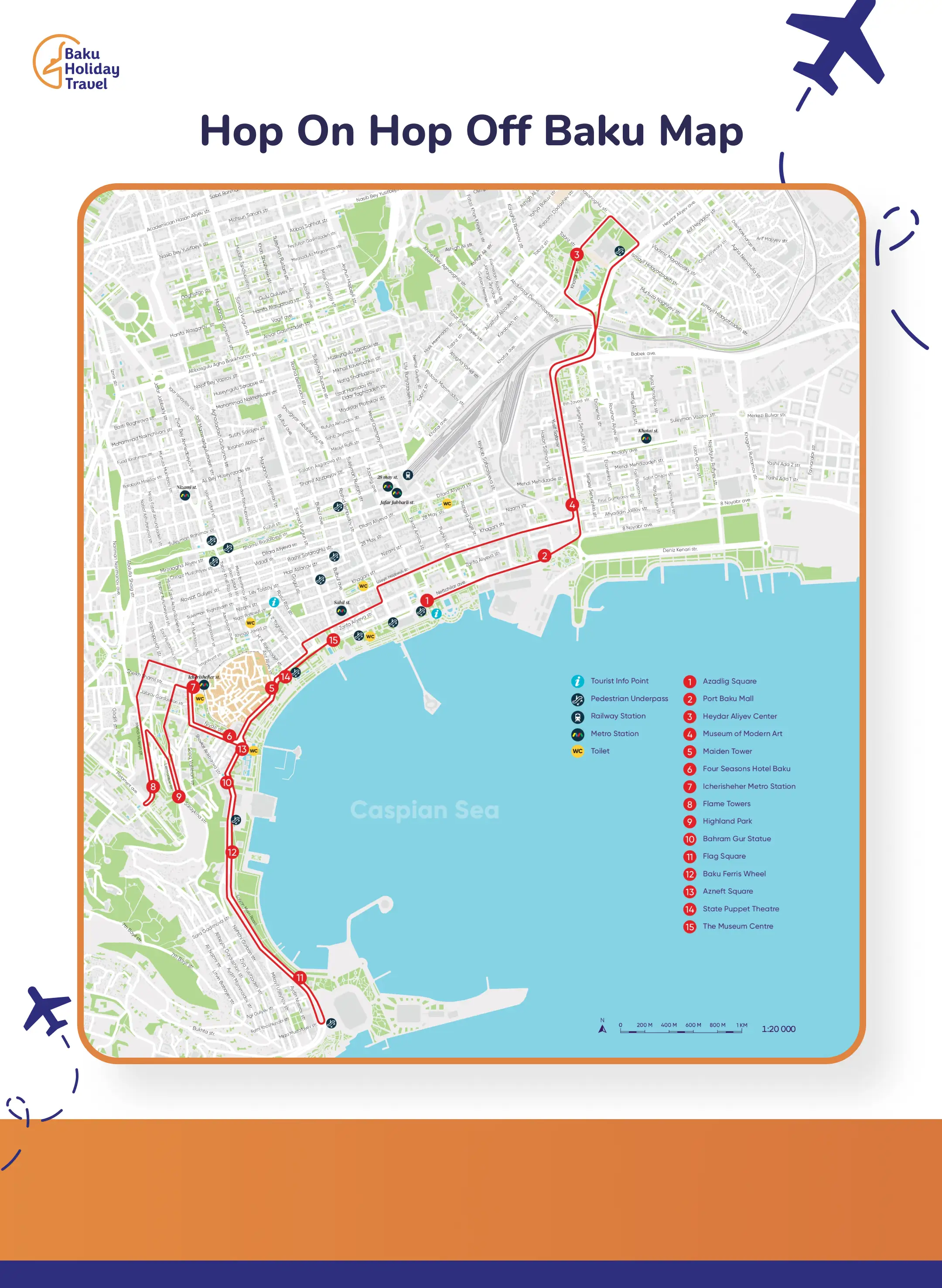 Hop On Hop Off Baku Map Hop-on hop-off Baku map shows all 15 stations and routes for the city bus tour, including tourist info points, etc.