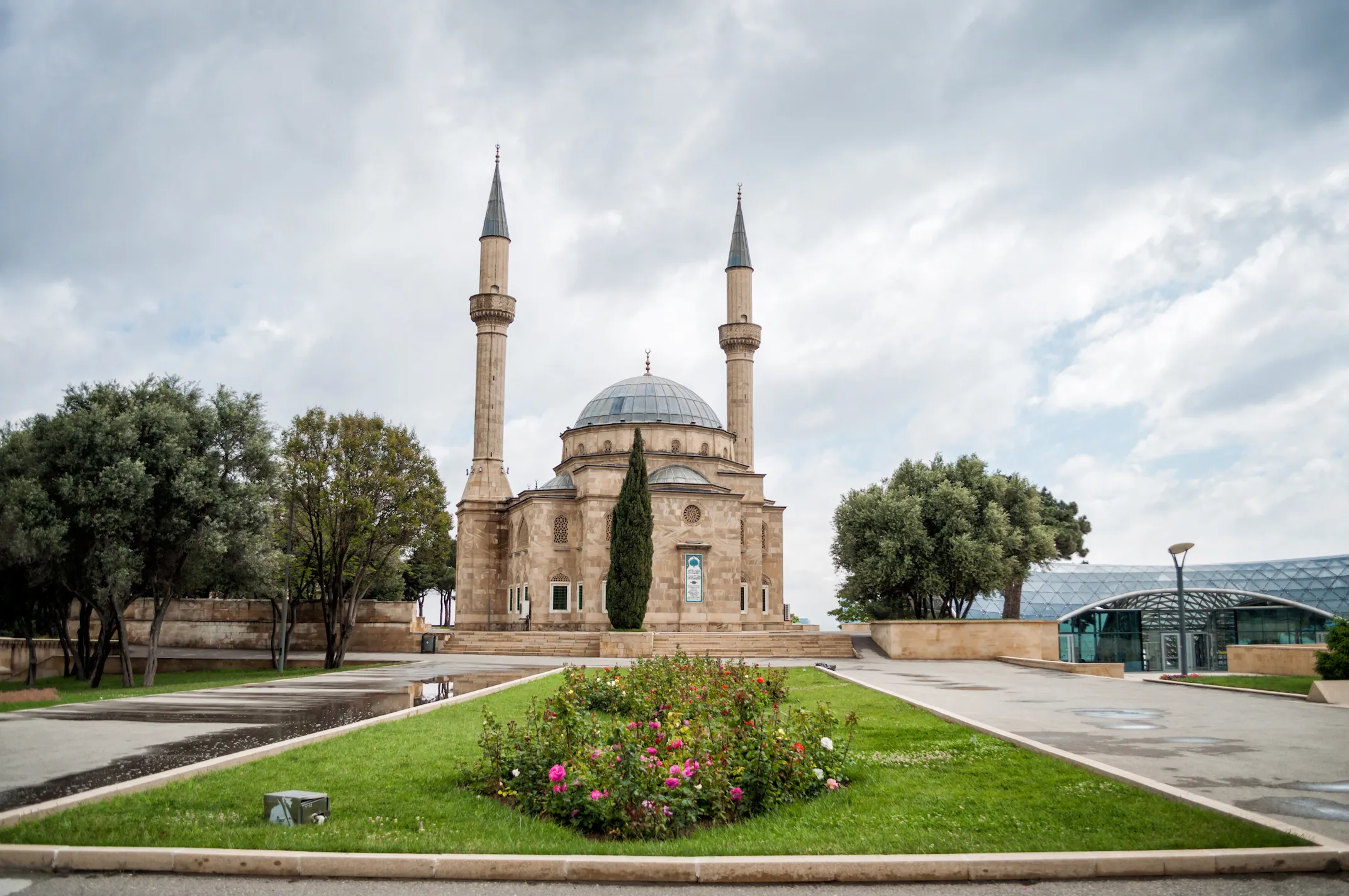 Mosque Upland Park Baku Mosque of the Martyrs near the exit of Baku Funicular in Upland Park on a cloudy day.