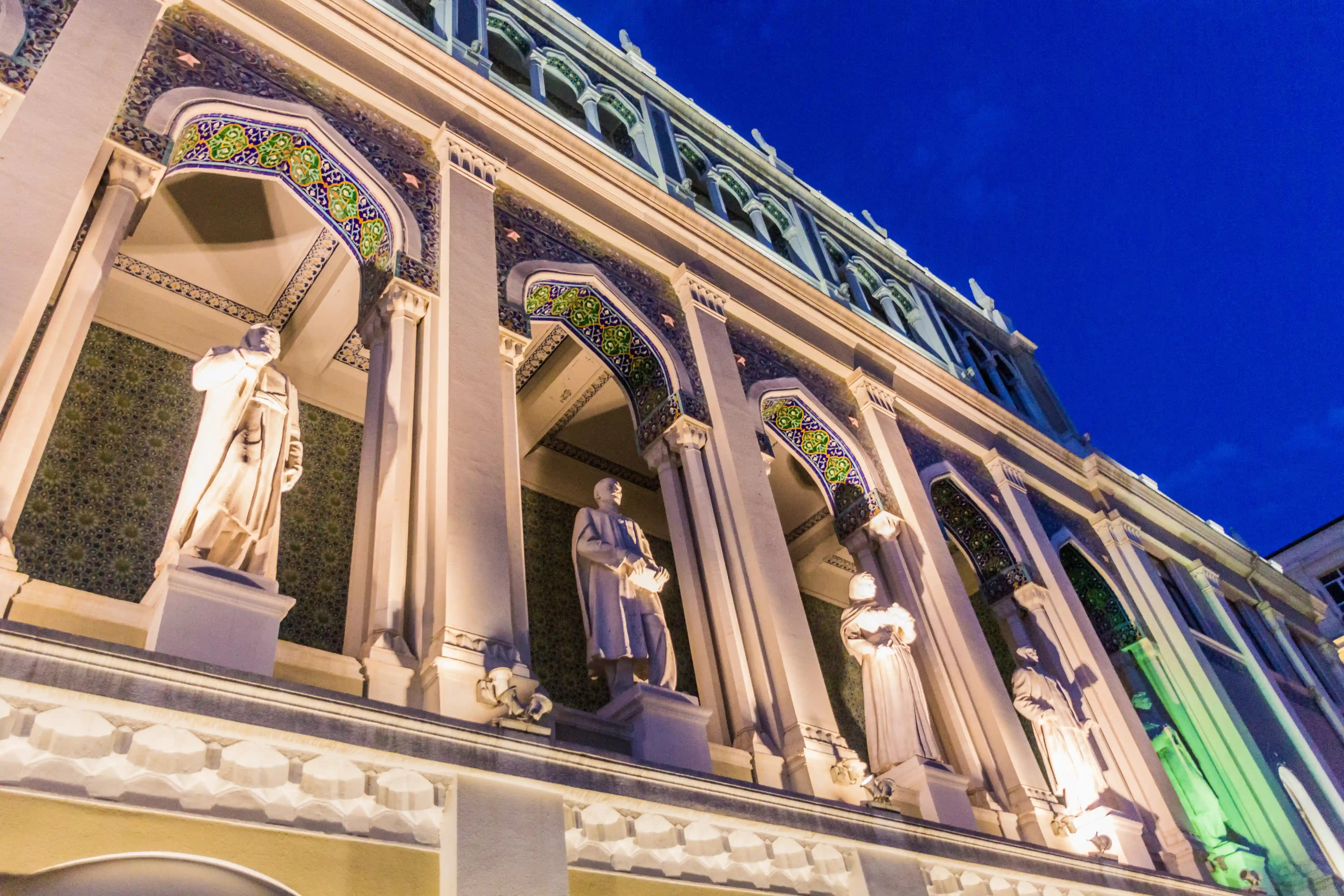 Beautiful architecture of Nizami Street in Baku, with many sculptures of famous Azerbaijanis.
