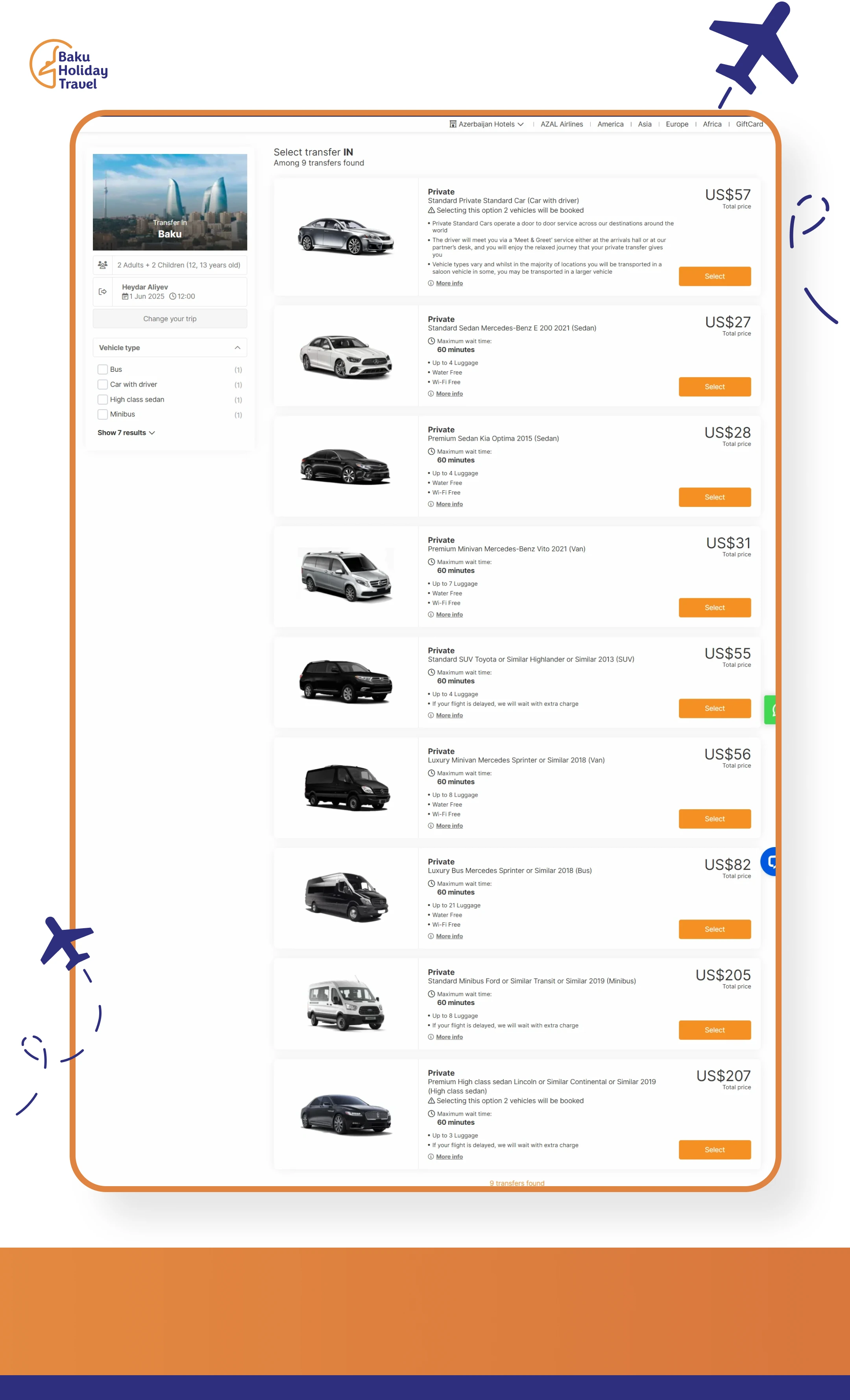 A list of transfer vehicles from GYD Airport to Baku city center on bht.az.